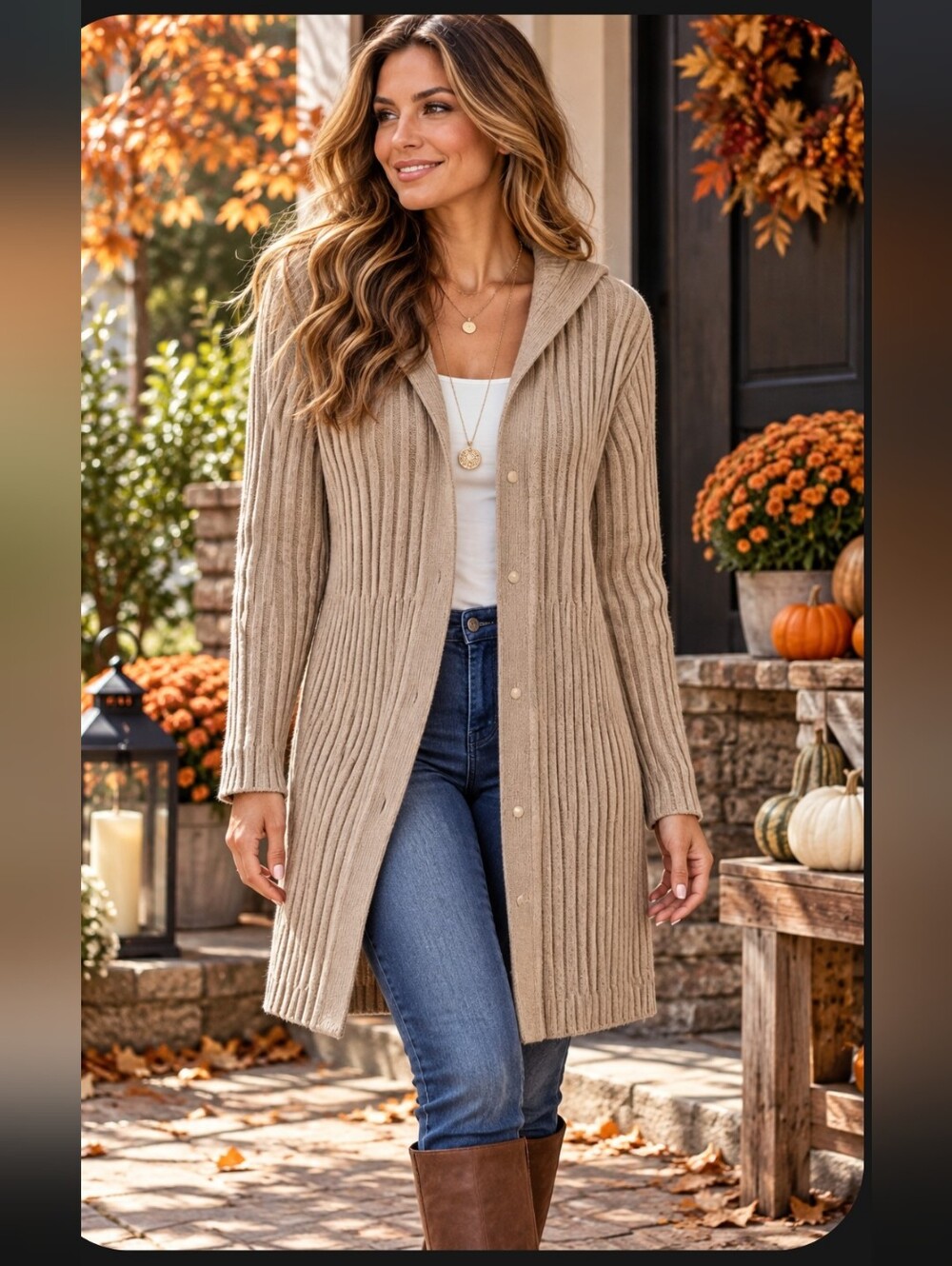 New York & Company Beige Ribbed Hooded Long Cardigan Sweater Size M
